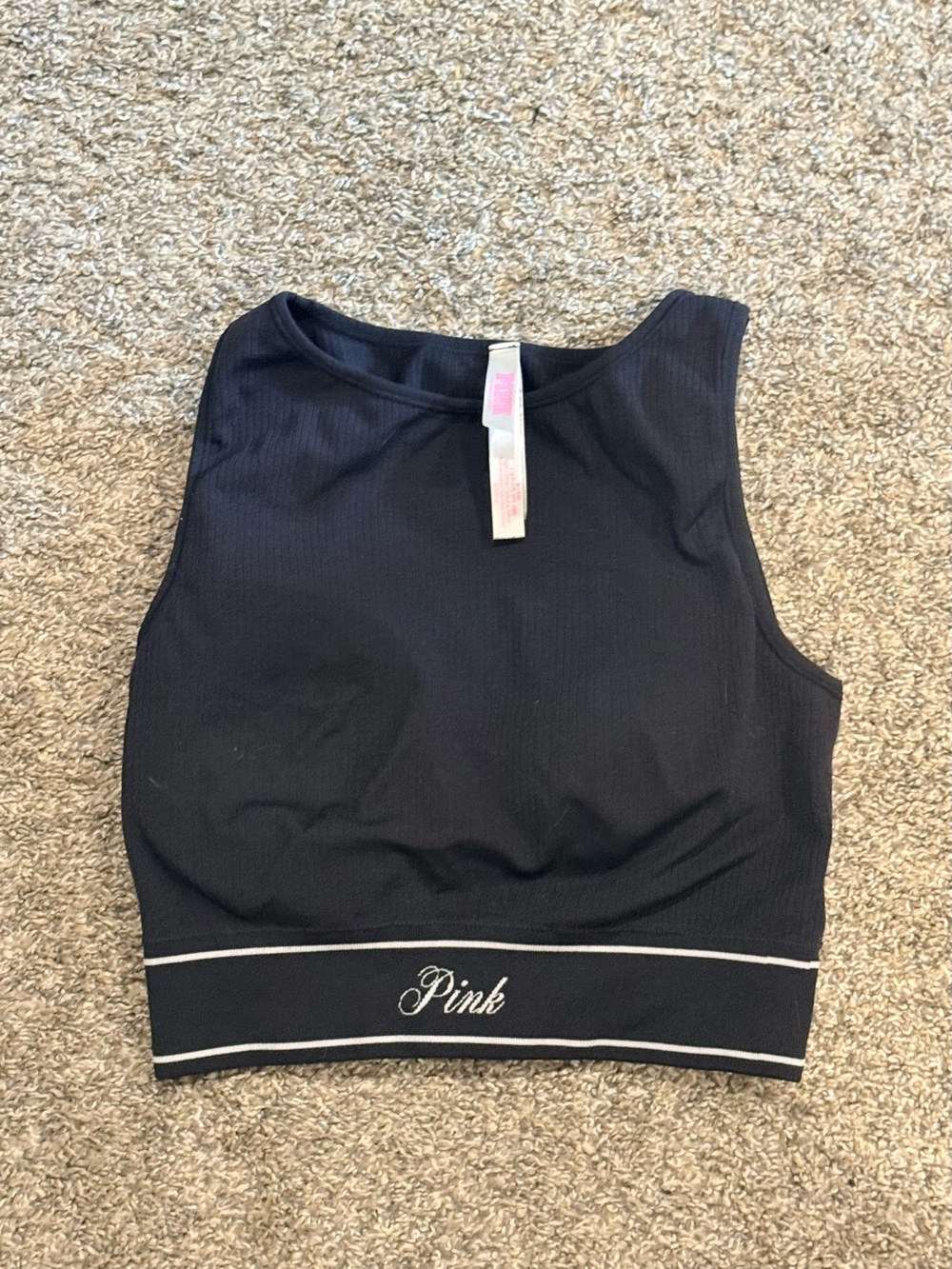 PINK Victoria's Secret Black Ribbed Cropped Tank with Branded Hem